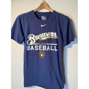 Nike Milwaukee Brewers Baseball T Shirt Mens Small‎ Navy Blue *Hole on back*